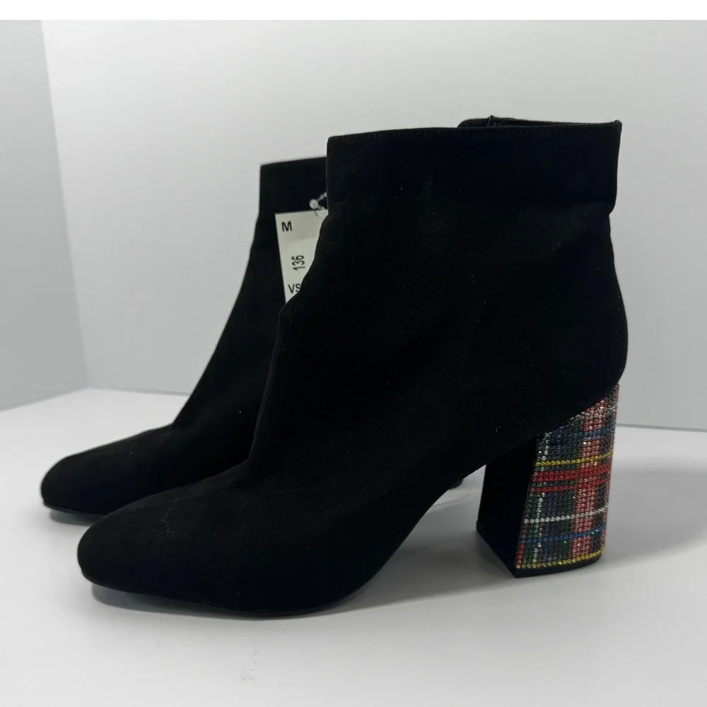 NWT Betsey Johnson Women's  Plaid Rhinestone Block Heel Black Ankle Boots 10